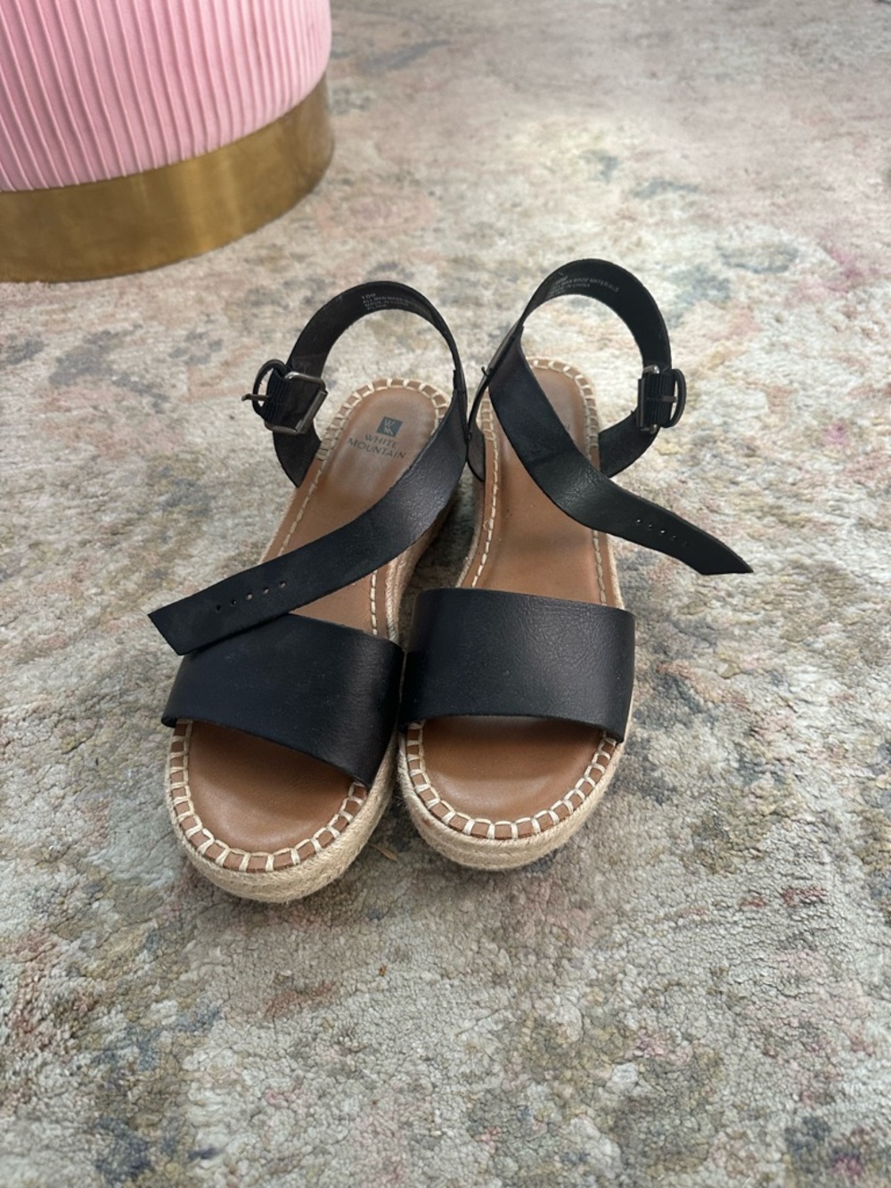 White Mountain Black Leather Espadrille Wedge Sandals - Women